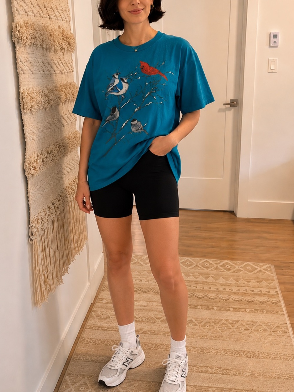 Vintage Blue Cotton Bird Print T-Shirt Size L
